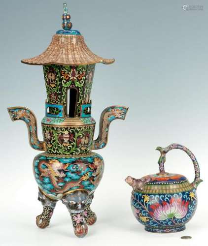 Asian Cloisonne Incense Burner & Teapot, 2 items