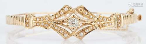 14K Victorian Diamond & Pearl Bangle Bracelet