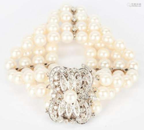 14K Four Strand Pearl & Diamond Bracelet