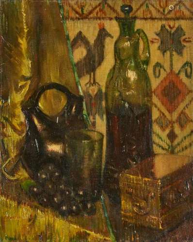 Still Life Painting of Decanter with Grapes