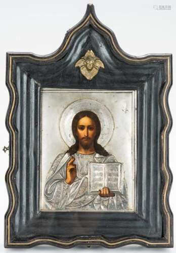 Framed Russian Icon with Silver Oklad