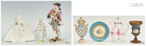 7 Pcs. Porcelain incl. Figures, Urn, Jug, and Plateau
