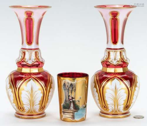 3 Bohemian Glass Items, Vases & Tumbler