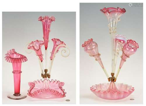 3 Victorian Glass Items, incl. Cranberry Glass Epergnes