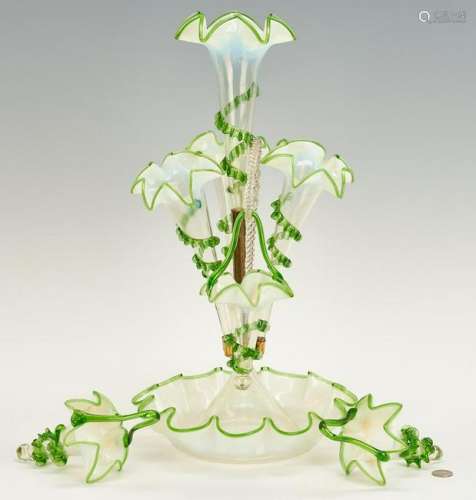 Victorian Green & Opalescent Glass Epergne w/ Baskets