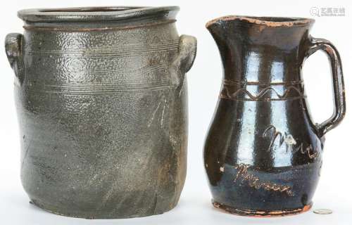 2 Southern Stoneware Pottery Items, Pitcher & Jar