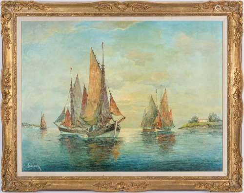 Franz Ambrasath O/C, Maritime Painting of Sailboats