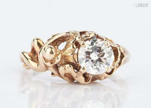 Diamond Solitaire Ring w/ Art Nouveau Gold Setting
