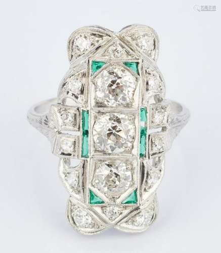 Ladies Platinum, Diamond & Green Glass Ring