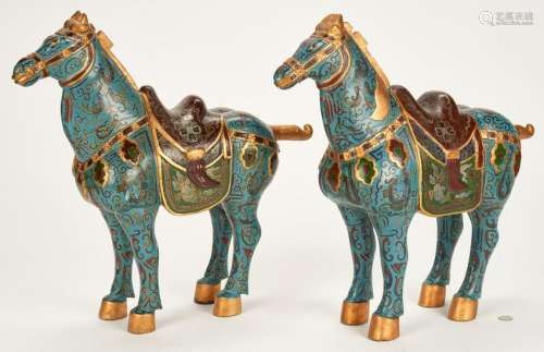 Pair of Chinese Wooden Horses, Cloisonne Pattern