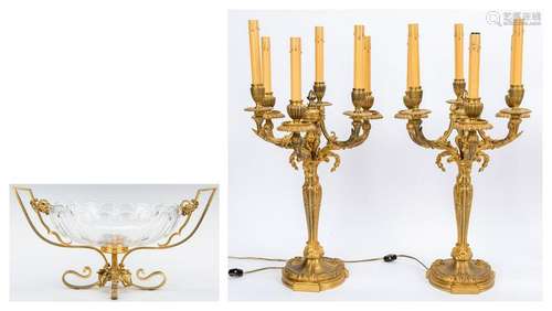 Pr. Gilt Bronze Candelabra & Bronze Mounted Centerpiece