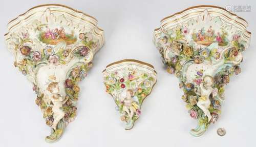 3 Meissen Style Porcelain Wall Brackets