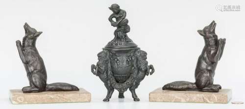 Bronze Covered Urn and Pair of Fox Bookends