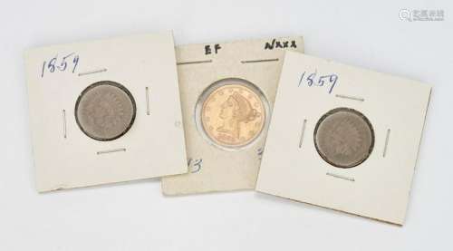 1893 $5 Liberty Gold Coin & 2 1859 Indian Head Pennies