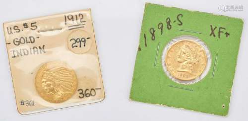2 U.S. $5 Gold Coins, incl. 1898 Liberty Head, 1912