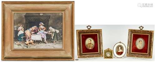 European Porcelain Plaque & 4 Portrait Miniature