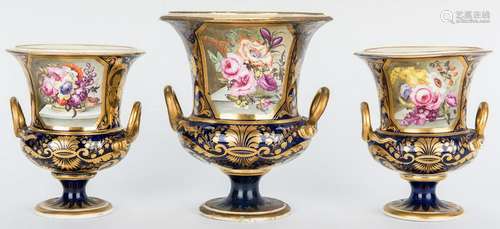 3 Derby Porcelain Urns w/ Cobalt Decoration