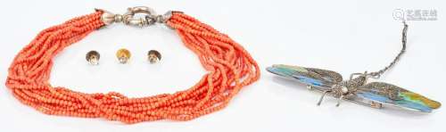 3 Ladies Jewelry Items: Coral Necklace, Dragonfly