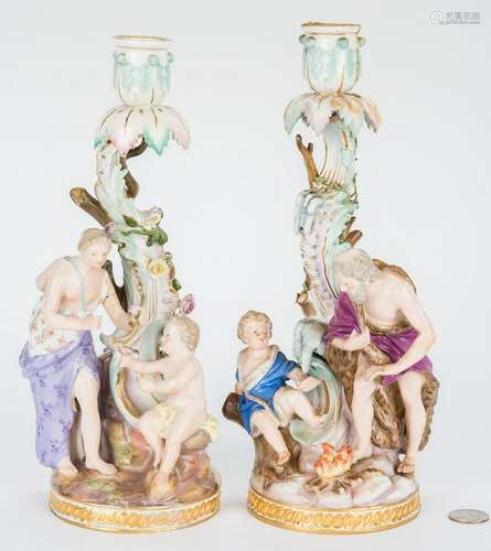 Pair of Meissen Parcel Gilt Figural Candlesticks