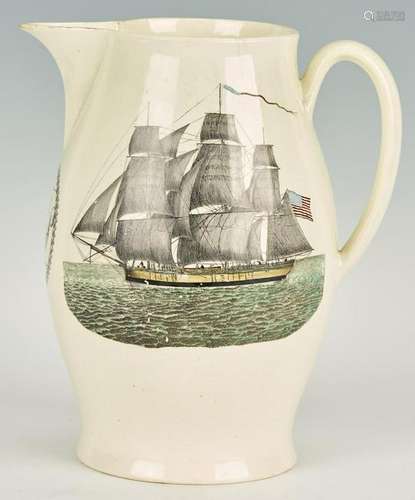 Liverpool Creamware Jug w/ American Ship & Flag