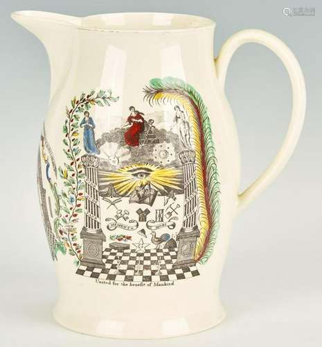 Liverpool Creamware Jug w/ 3 Masonic Scenes