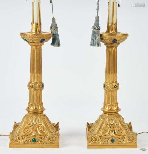Pr Jeweled Gilt Bronze Candlestick Lamps