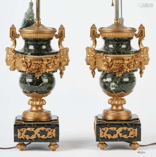 Pr Green Marble and Ormolu Neoclassical Urn Lamps