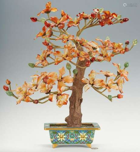 Chinese Hardstone Tree w/ Cloisonne Jardiniere