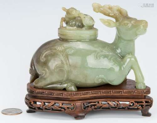 Chinese Jade Carved Figural Box, Deer w/ Deer Top