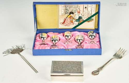 Asian silver box plus sake set, hairpin and fork