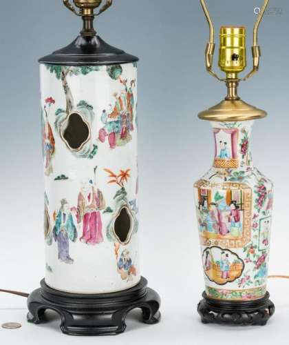 2 Chinese Export Famille Rose Porcelain Lamps