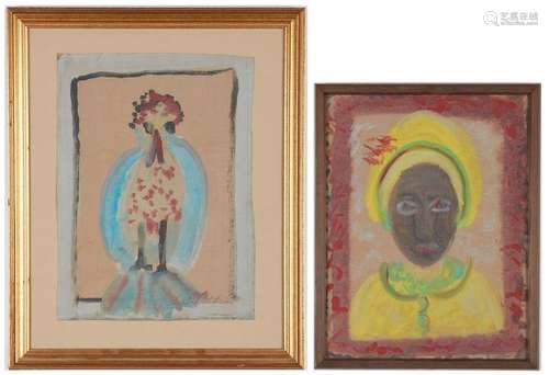 2 Sybil Gibson Outsider Art Mixed Media Paintings,