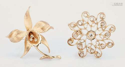 2 14K Gold and Diamond Brooches