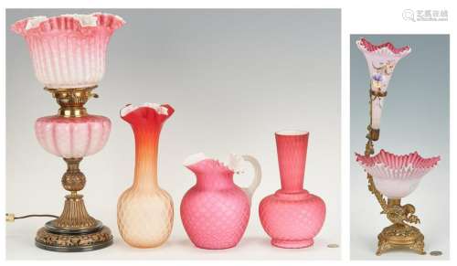 5 Art Glass/Satin Glass Items, incl. Epergne, Lamp,