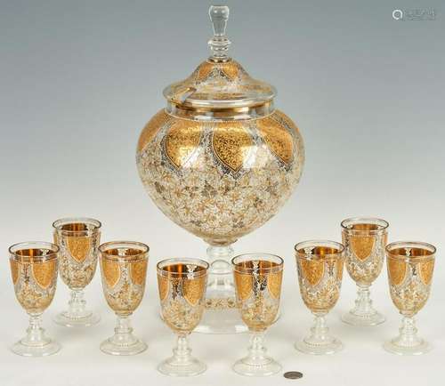 Glass 9-Piece Gilt & Silver Punch Set, attr. Moser