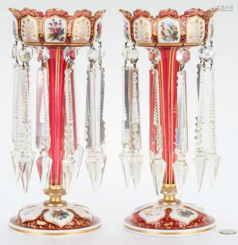 Pair of Bohemian Enamel and Gilt Decorated Lustres