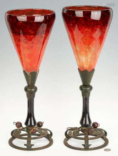 Pair Schneider Art Glass Vases with Bronze Bases