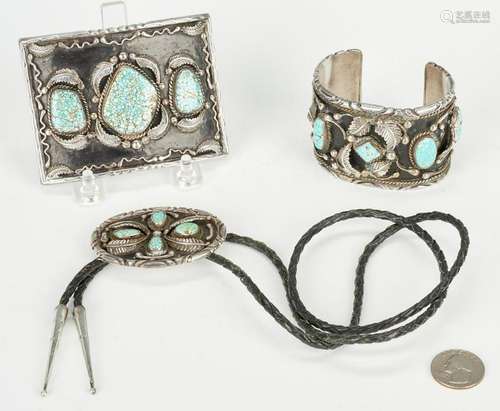 3 Navajo Turquoise Jewelry Pcs., Paul Chee