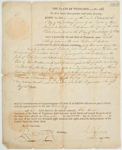 John Sevier Signed Land Grant, Maury Co. interest