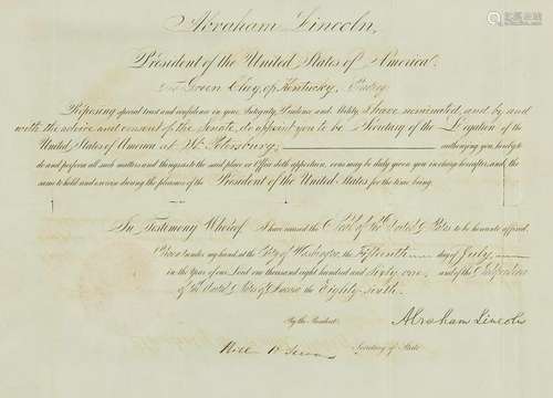 Abraham Lincoln signed 1861 Appointment, Green Clay of