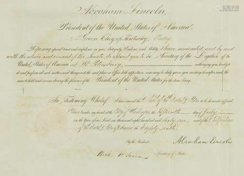 Abraham Lincoln signed 1861 Appointment, Green Clay of