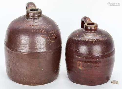 2 TN Stoneware Advertising Whiskey Jugs, Script