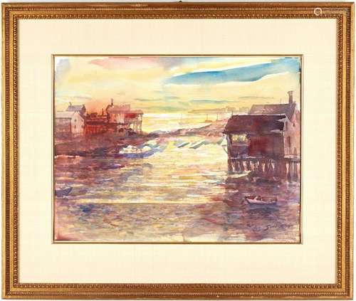 Carl Sublett Watercolor, Boats in Harbor