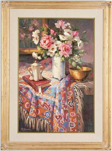 Maxine Johnston O/C, Still Life with Oriental Rug