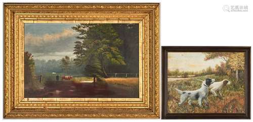 2 American School Landscape Paintings, Cattle & Dogs