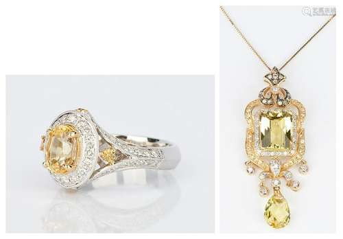 14K Diamond & Citrine Pendant Necklace & 18K Sapphire