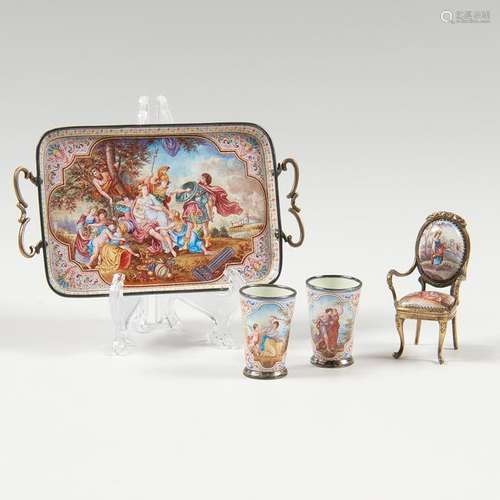 Viennese Enamel Miniature Dishes and Chair