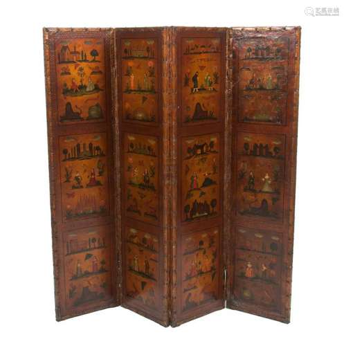 English Painted Leather Folding Screen
