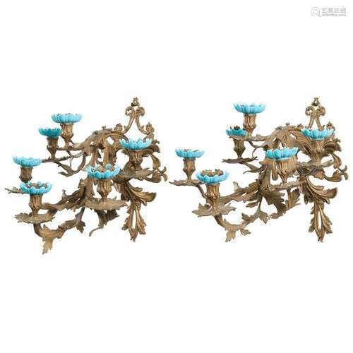 Pair Bronze Six-Light Sconces with Glass Inserts