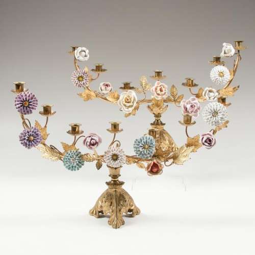 Pair Six-Light Candelabra with Porcelain Flowers